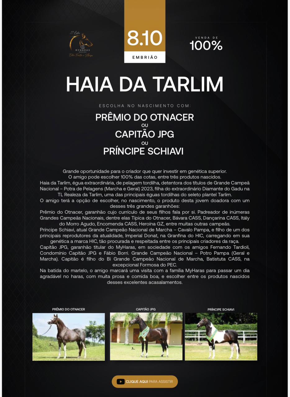 (100.0%) EMBRIÃO  HAIA DA TARLIM X PRÊMIO DO OTNACER OU CAPITÃO JPG OU PRÍNCIPE SCHIAVI